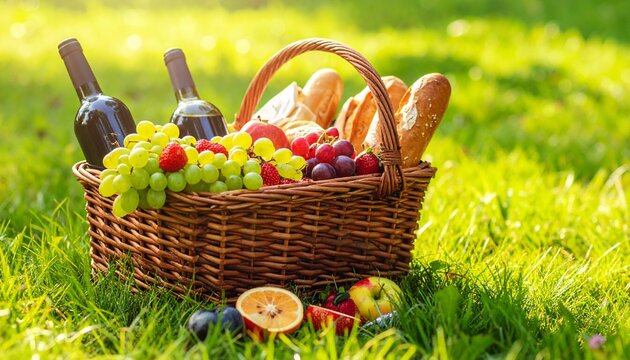 A delightful picnic basket overflowing with fresh fruits, crusty bread, and bottles of wine, set upon a lush green grassy field bathed in warm sunlight