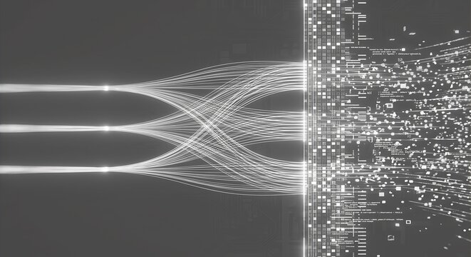 Abstract digital data flow processing through network connections into binary grid system visualization