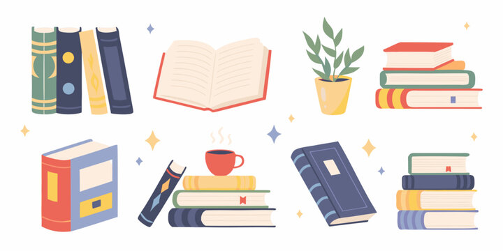 colorful books stack in flat illustration style book reading literature education knowledge study library learning vector graphic design icon art