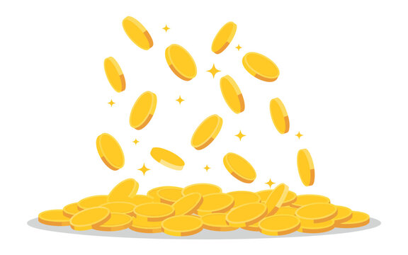 Shiny gold coins falling into large pile, concept of financial gain, saving, and prosperity. Vector illustration