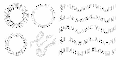 musical notes on staffs in black and white line art music notation clef quavers semiquavers graphic vector illustration sheet composition © Dayal