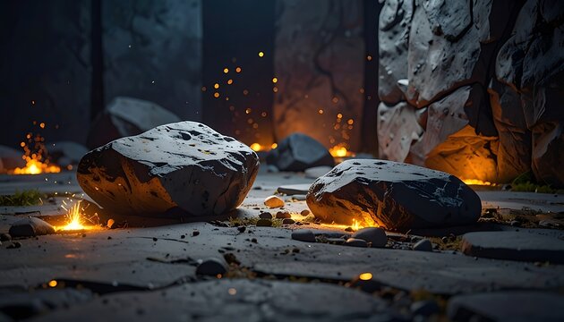 Rocks on fire in dark cave.