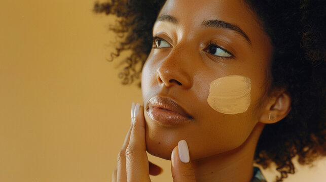 Woman applying foundation on cheeks close-up