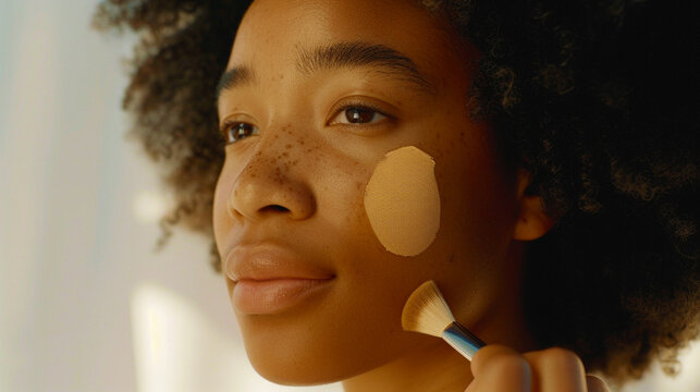 Woman applying foundation on cheeks close-up