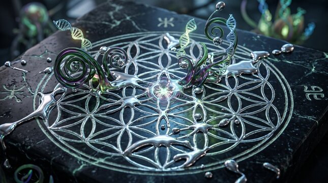 Sacred geometry flower of life pattern on stone surface, glowing DNA helix strands with liquid metal drops, mystical spiritual concept with dark marble texture and ethereal light