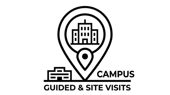Campus guided and site visits location pin icon with building symbols for educational facility navigation