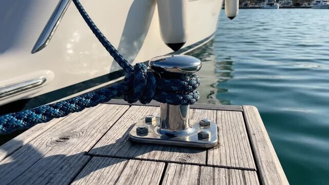 Blue mooring rope tied to a shiny metal cleat on a wooden dock with boat in water