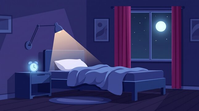 Cozy bedroom interior featuring bedside lamp illuminating empty bed under full moon night sky view with depicts serene bedroom