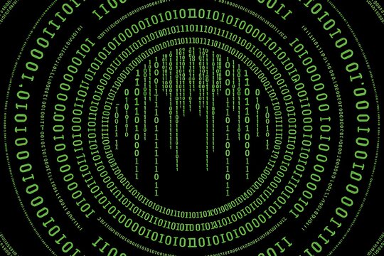 Abstract binary code circles with digital data stream and cybersecurity technology background