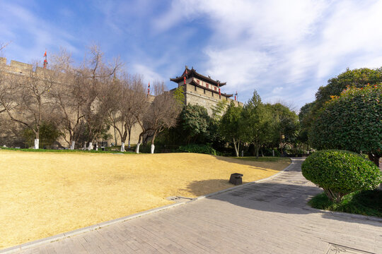 Ancient city walls with blue sky in Xi'an, China.