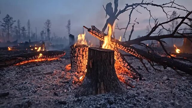 A desolate forest landscape showing the aftermath of a severe wildfire