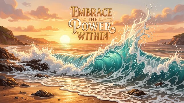 Inspiring sunrise over a dramatic ocean wave crashing on a rocky beach, with text "Embrace the Power Within"
