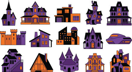 Naklejka premium Spooky Halloween houses and buildings in purple and orange for festive designs