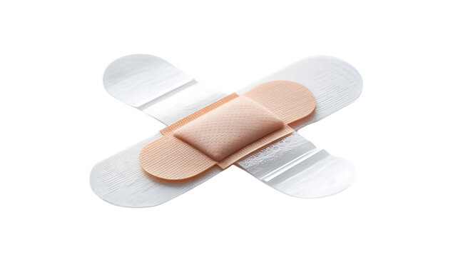 Two adhesive bandages crossed to form an x shape for first aid medical care and wound healing protection isolated on a clean surface for healthcare and injury use isolated on transparent background