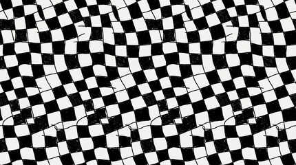 Obraz premium Abstract Distorted Checkerboard Seamless Pattern Vector Texture in Wavy Black and White Tiles for Creative Backdrop