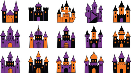 Spooky Halloween Castles Clipart Set in Purple and Orange Tones for Designers © Muslim