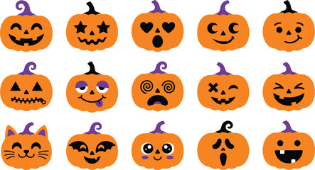 Fototapeta premium Halloween pumpkin faces illustration set for spooky designs and festive decorations
