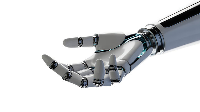 A mechanical robot hand reaching out with fingers open in a gesture of help or support showing modern technology innovation in a clean and simple digital style isolated on transparent background