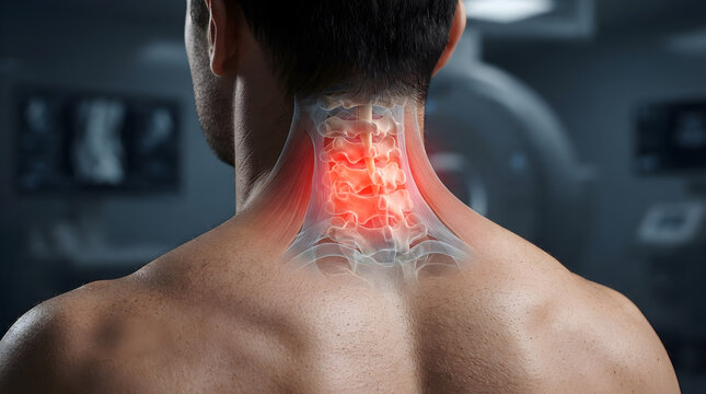 cervical neck pain with highlighted spine anatomy in adult man