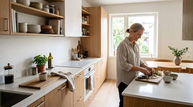 Woman preparing food in kitchen.