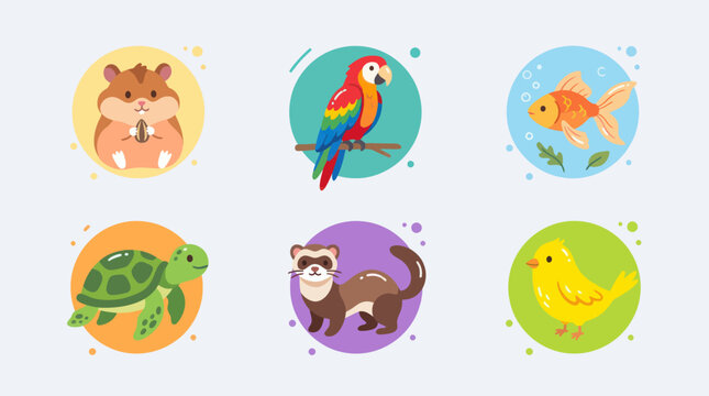 Diverse collection of cartoon pets in circles