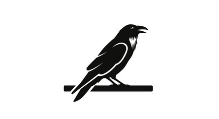 Fototapeta premium A black silhouette of a raven or crow perched on a branch with its beak open, set against a plain white background.