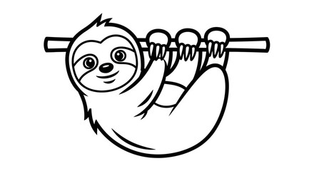 Obraz premium A black and white cartoon drawing of a cute sloth hanging upside down from a horizontal branch, smiling with its eyes open.