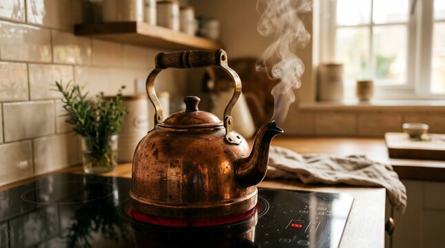 Antique copper kettle boiling on stove releasing steam in kitchen setting