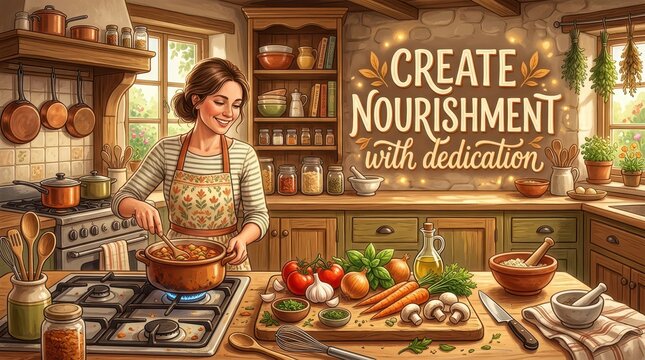 Smiling woman cooking healthy food in a rustic kitchen with fresh ingredients and inspirational quote
