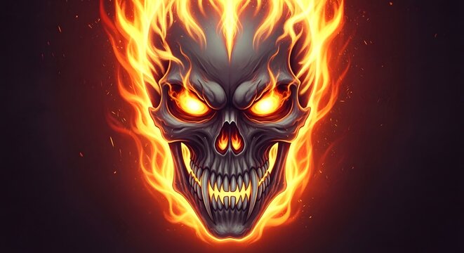 Fiery skull illustration intense flames and glowing eyes for dark designs