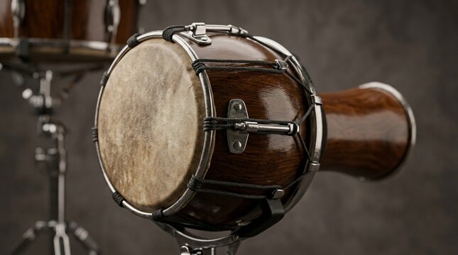 Close up of hand held wooden drum percussion instrument with metal hardware