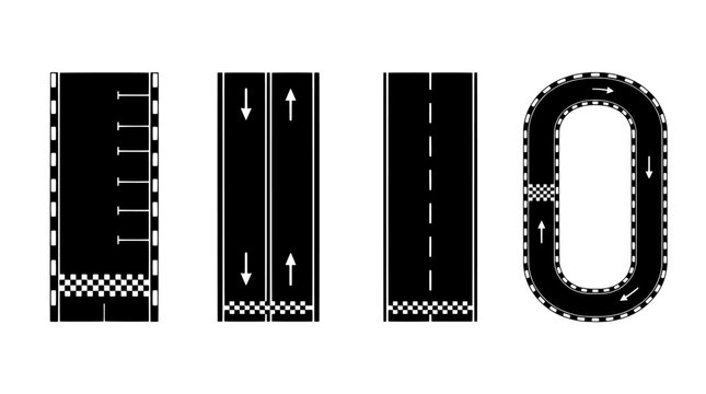 Set of top down view race track road elements including straight segments and an oval speedway circuit with finish line and directional arrows