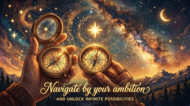 Person holding vintage compasses under a starry sky with nebula and mountains, symbolizing navigation, ambition, and endless possibilities
