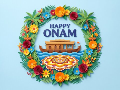 Happy Onam Festival Greeting Vector Template with Traditional Kerala Houseboat, Floral Pookalam Rangoli, Palm Trees, and Paper Cut Flower Wreath ...