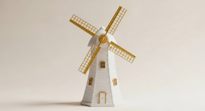 Decorative white windmill model with gold accents clean background