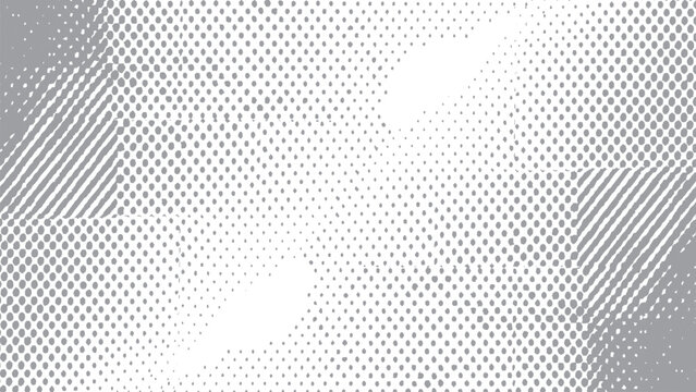 Abstract halftone pattern background with grey geometric dot gradients, pop art texture, and comic book style overlay.