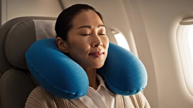 Asian Woman Sleeping Comfortably Using A Blue Neck Pillow While Traveling In A Commercial Airplane Cabin During A Flight