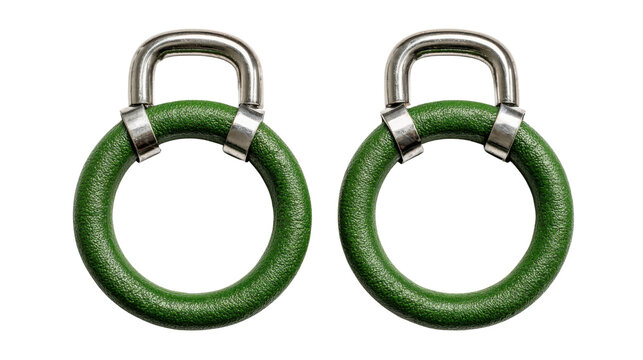 Two green circular key rings with metallic clasps, modern accessory design featuring textured surface isolated for product presentation on white background