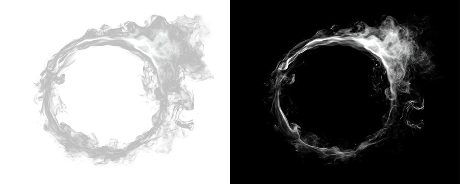 White smoke ring realistic circular vapor frame swirling fog loop abstract smoke circle isolated atmospheric overlay effect