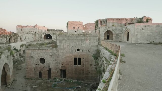 Elevated View of Ancient Stone Structures Inside Medieval Crusader Castle