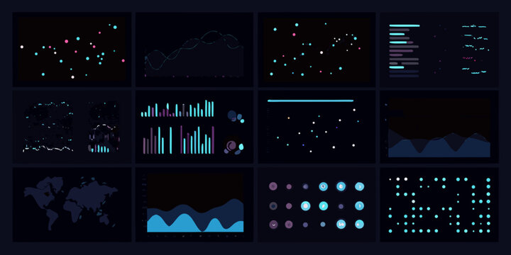 analytics dashboard grid with dark mode charts and graphs data visualization statistics metrics performance monitoring analysis information reporting interface user