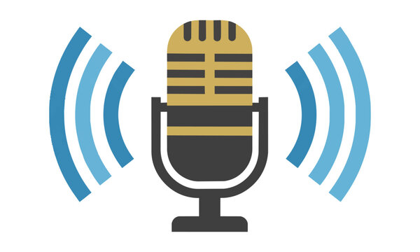 Vintage ribbon microphone icon with radiating sound wave arches on a solid white background music recording concept