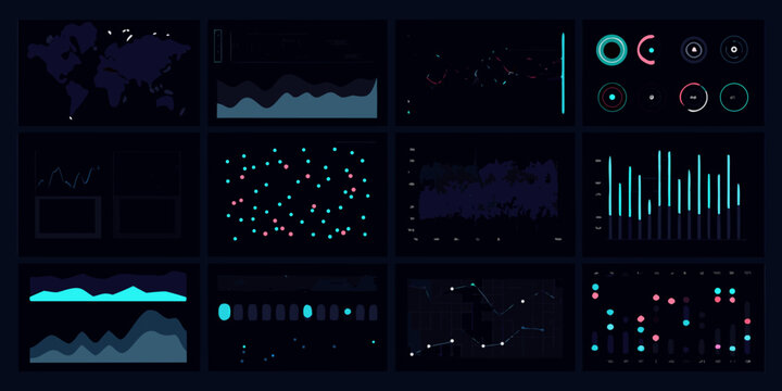 analytics dashboard with various charts and graphs in dark mode world map bar chart line graph scatter plot pie data