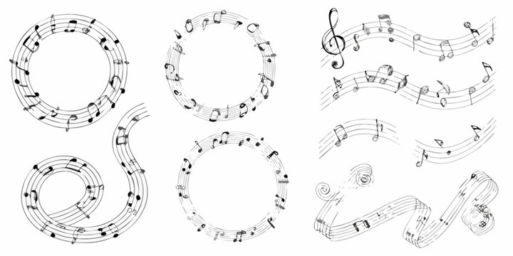 musical notes on curved staffs black and white line art music notation clef quavers semibreves graphic design pattern ornament decorative