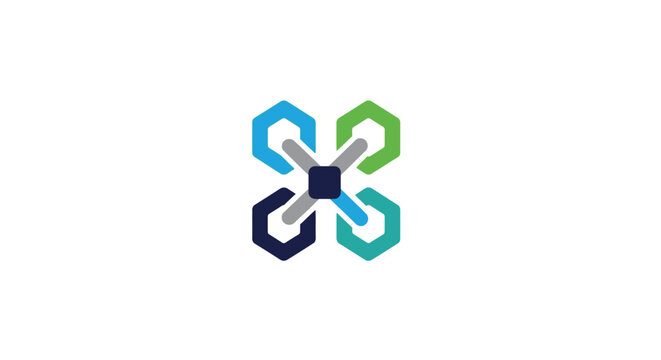 Abstract geometric drone logo design with multi-colored hexagon shapes and cross