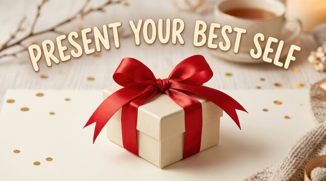 Thoughtful Gift Box with Red Ribbon, Tea Cup, and Cozy Blanket, Present Your Best Self Concept