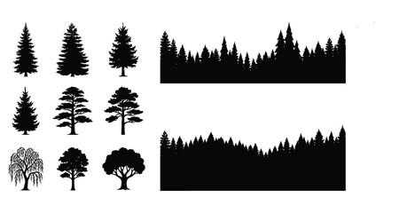 Black and White Pine Forest Tree Line and Tree Vector Collection © MDSamedul