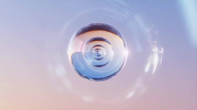 Abstract 3D Glass Sphere with Ripples and Lens Flare on Soft Pastel Gradient Background