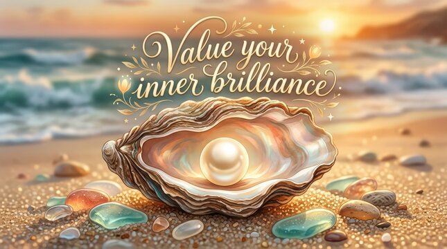 Treasure of inner brilliance: A lustrous pearl in an open seashell on a serene beach at sunset, inspiring self-worth and beauty