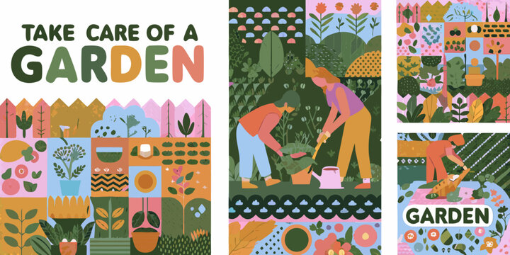 people planting in garden vibrant vector illustration gardening flowers vegetables nature outdoor activity collage colorful pattern design botanical ecology environment